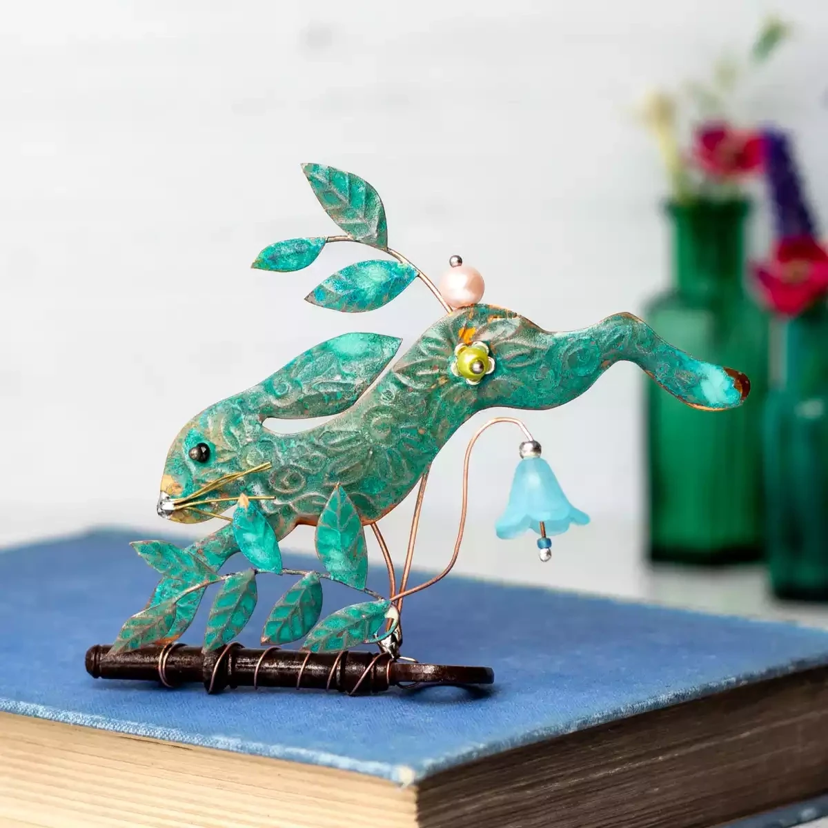 Leaping Hare on Antique Key Mini Sculpture by Linda Lovatt
