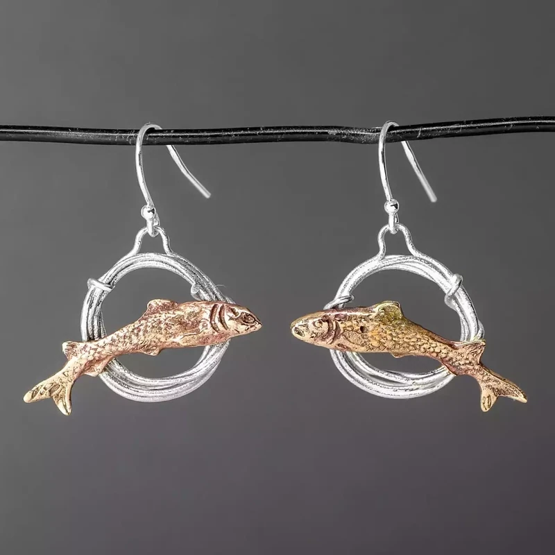 Leaping Salmon in Hoop Silver and Bronze Earrings by Xuella Arnold