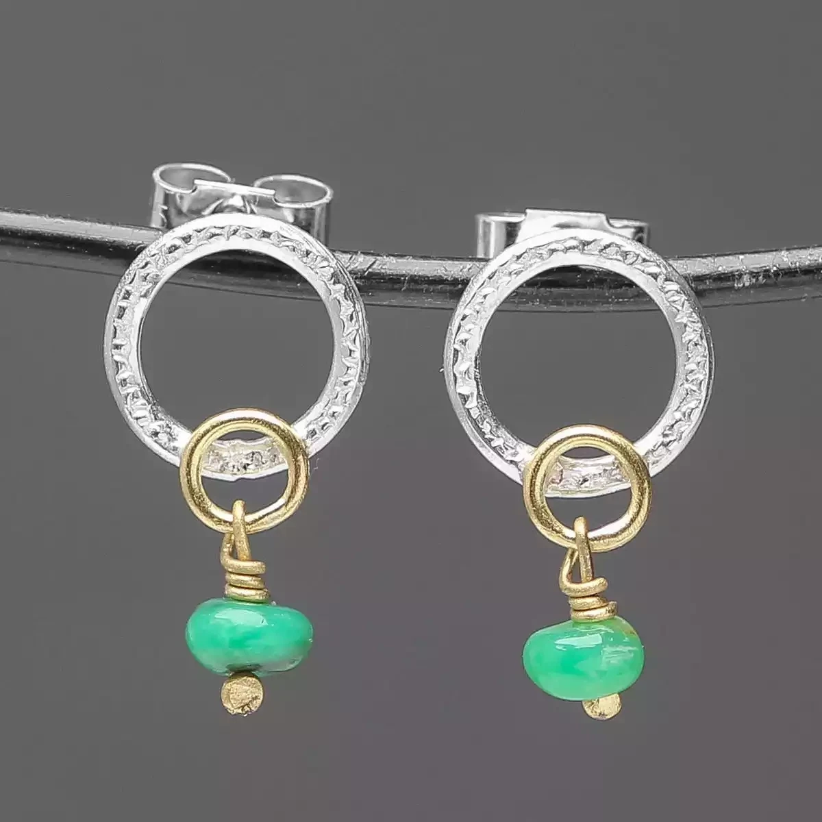 loop silver and gold stud earrings with chrysoprase by adele taylor