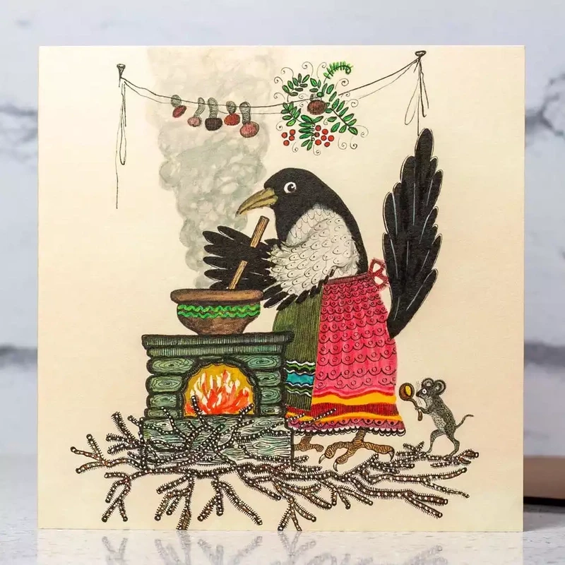 Magpie in Apron Cooking Porridge Card by Kapelki Art
