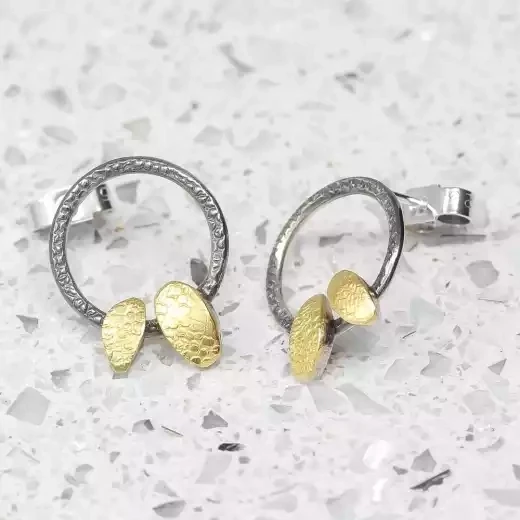 medley oxidised silver and 18ct gold loop stud earrings by adele taylor