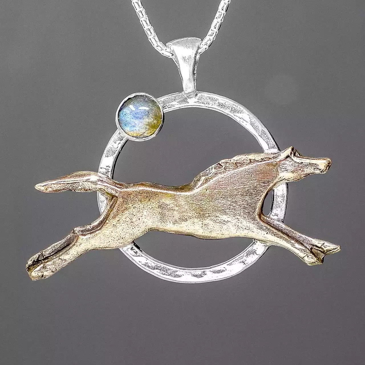 Midnight Moon Gallop Horse Silver and Bronze Circle Pendant by Xuella Arnold