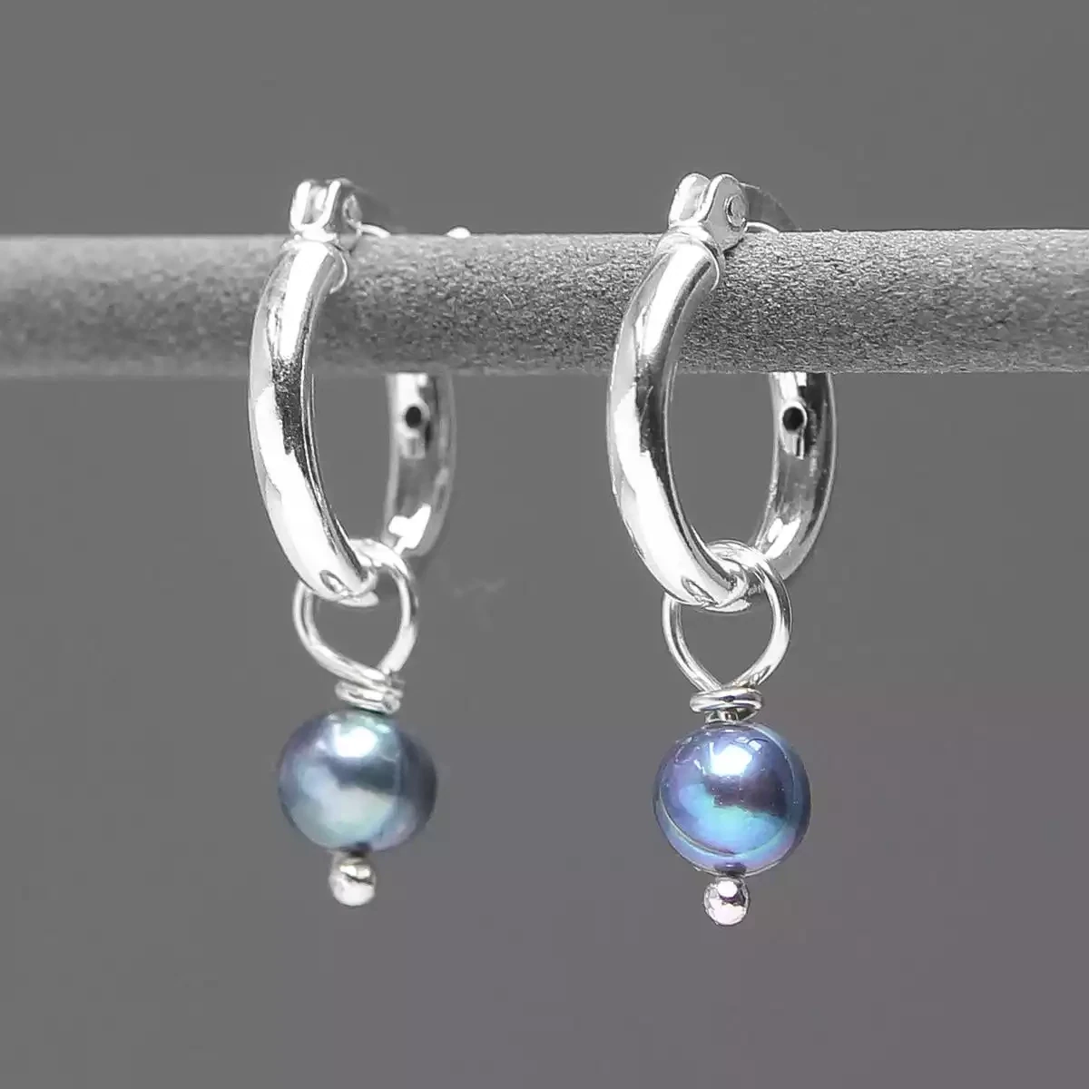 Mini Silver Hoop Earrings - Grey Pearl by Katherine Bree