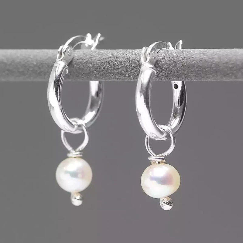 Mini Silver Hoop Earrings - White Pearl by Katherine Bree