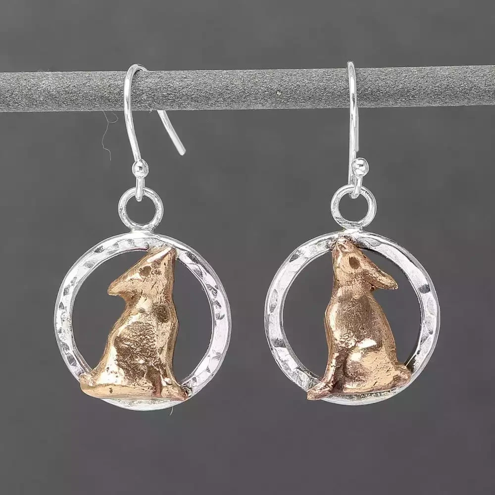 Moongazing Hare in Circle Silver and Bronze Earrings by Xuella Arnold