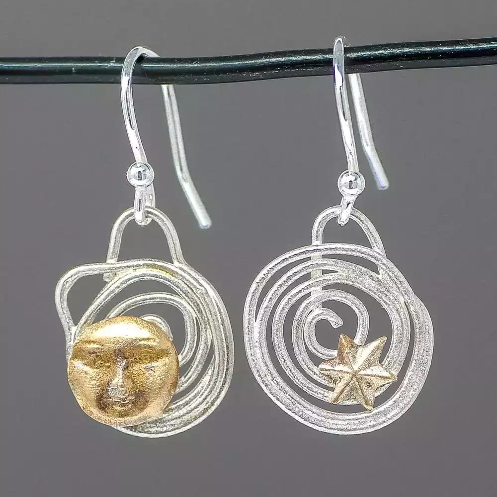 Moon and Star Silver and Bronze Drop Earrings by Xuella Arnold
