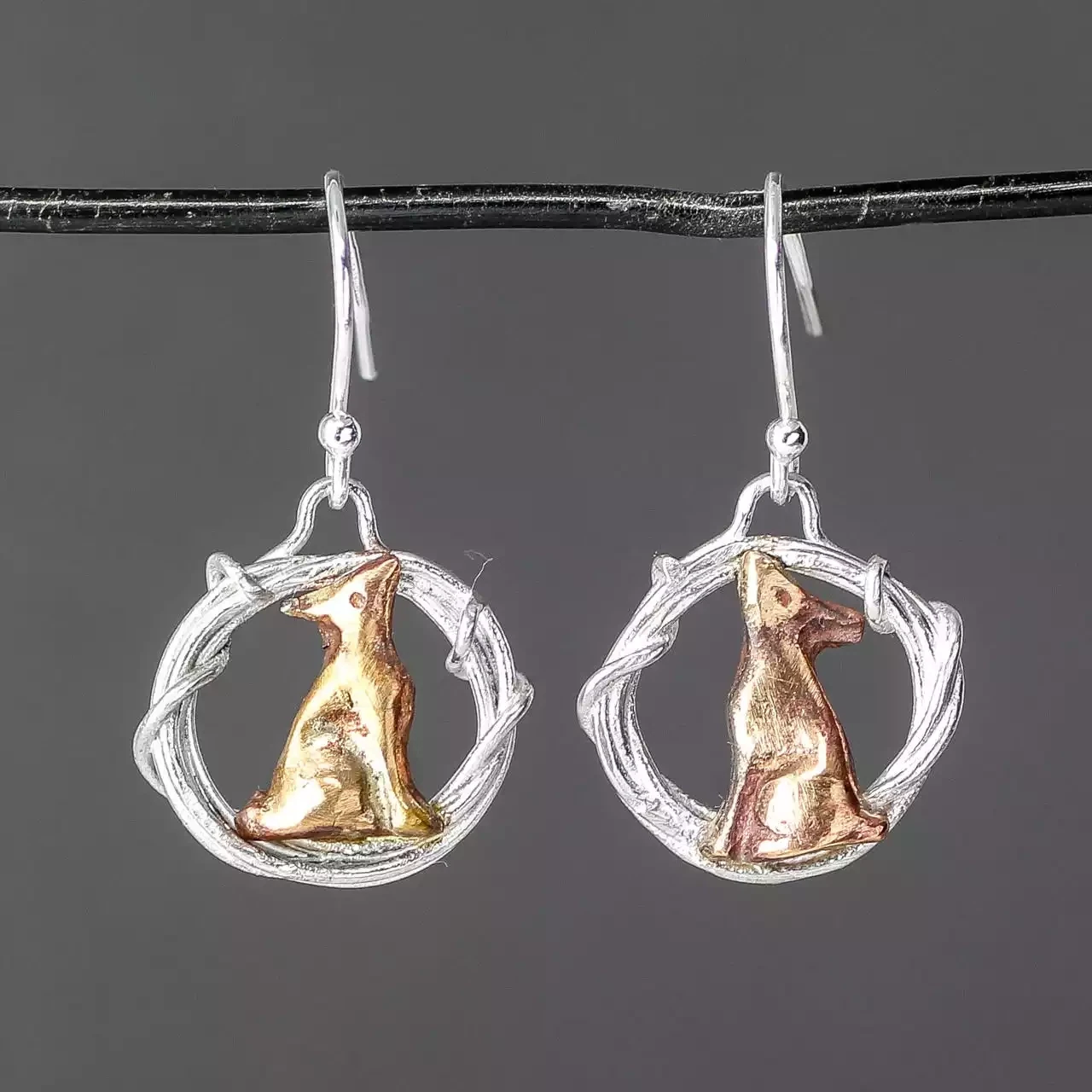 Moongazing Hare in Hoop Silver and Bronze Earrings by Xuella Arnold