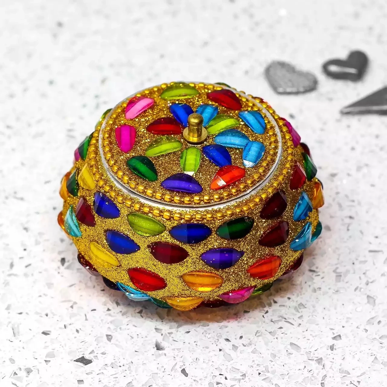 Multi Jewelled Round Trinket Pot - Gold by Namaste