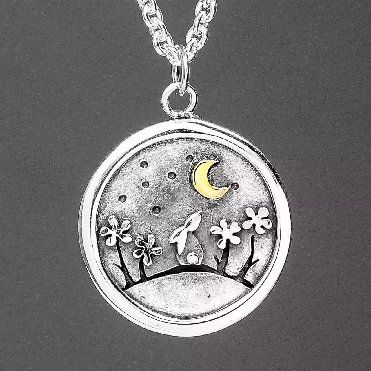 Moongazing Hare in Meadow Silver and Gold Pendant - Small by Linda Macdonald