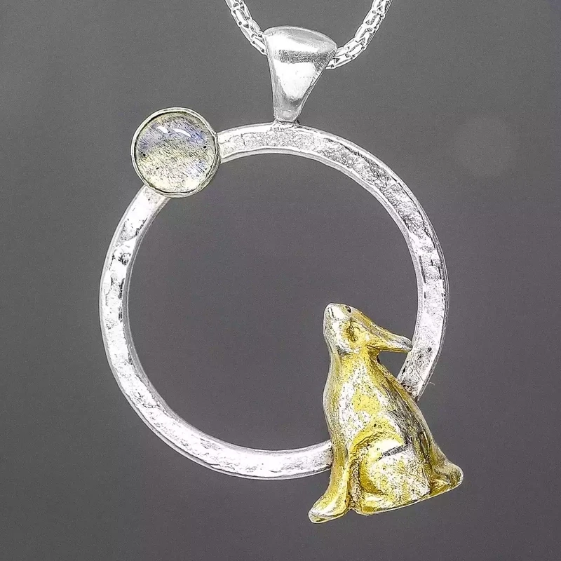 Moongazing Hare with Labradorite Silver and Gold Plate Pendant by Xuella Arnold