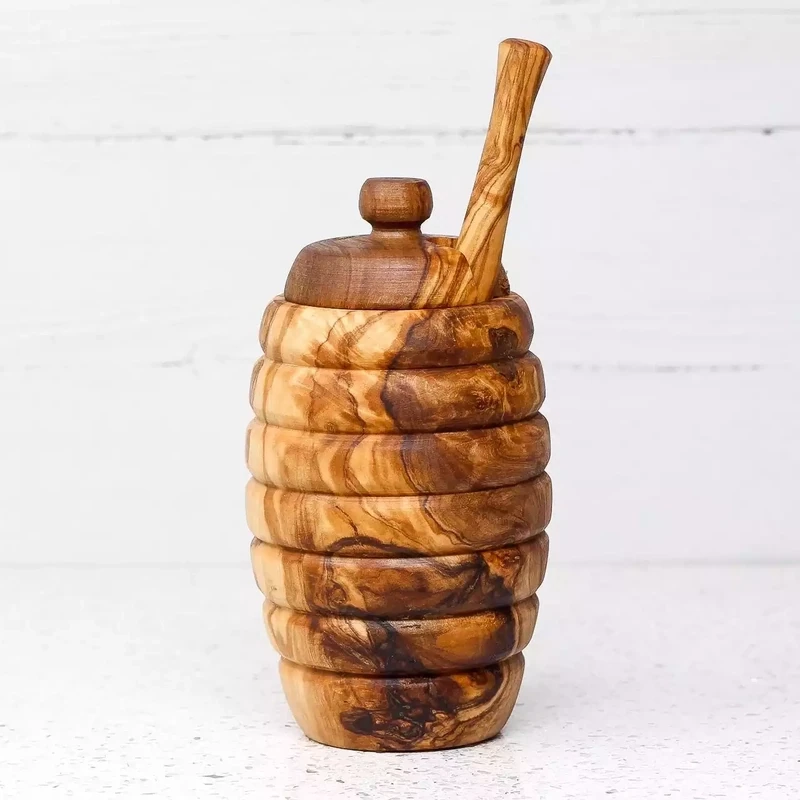 Olive Wood Honey Pot With Drizzler by Divine Deli