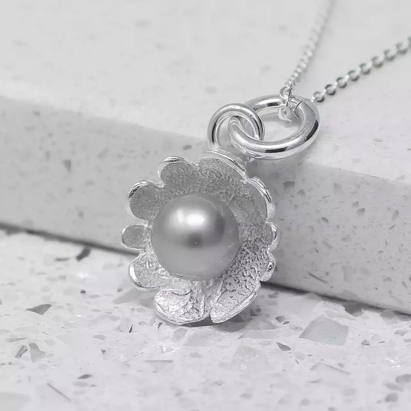 Open Silver Flower With Grey Pearl Necklace by Fi Mehra