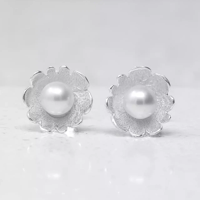 Open Silver Flower With White Pearl Stud Earrings by Fi Mehra