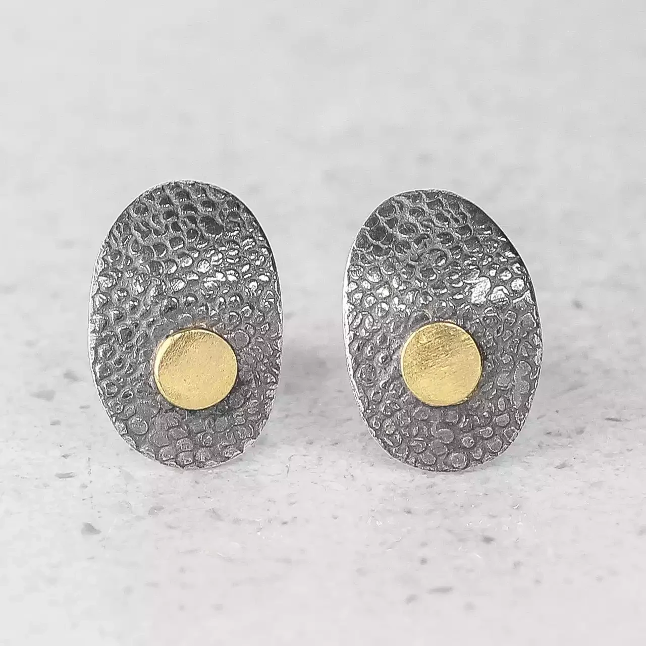 oval oxidised silver and gold dot stud earrings by adele taylor