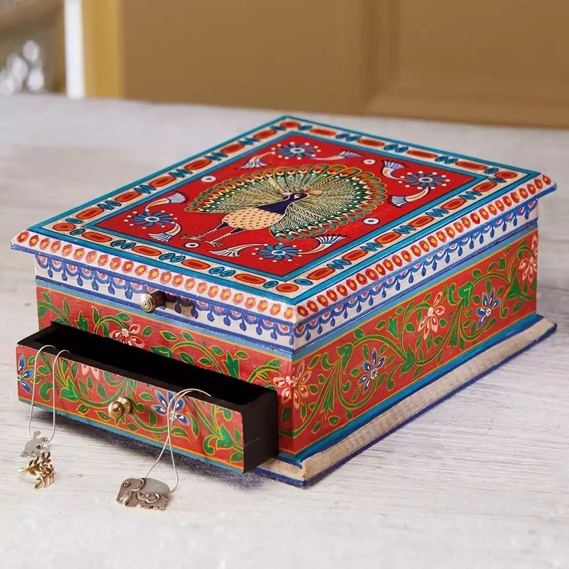 Peacock Hand Painted Wood Jewellery Box With One Drawer by Namaste