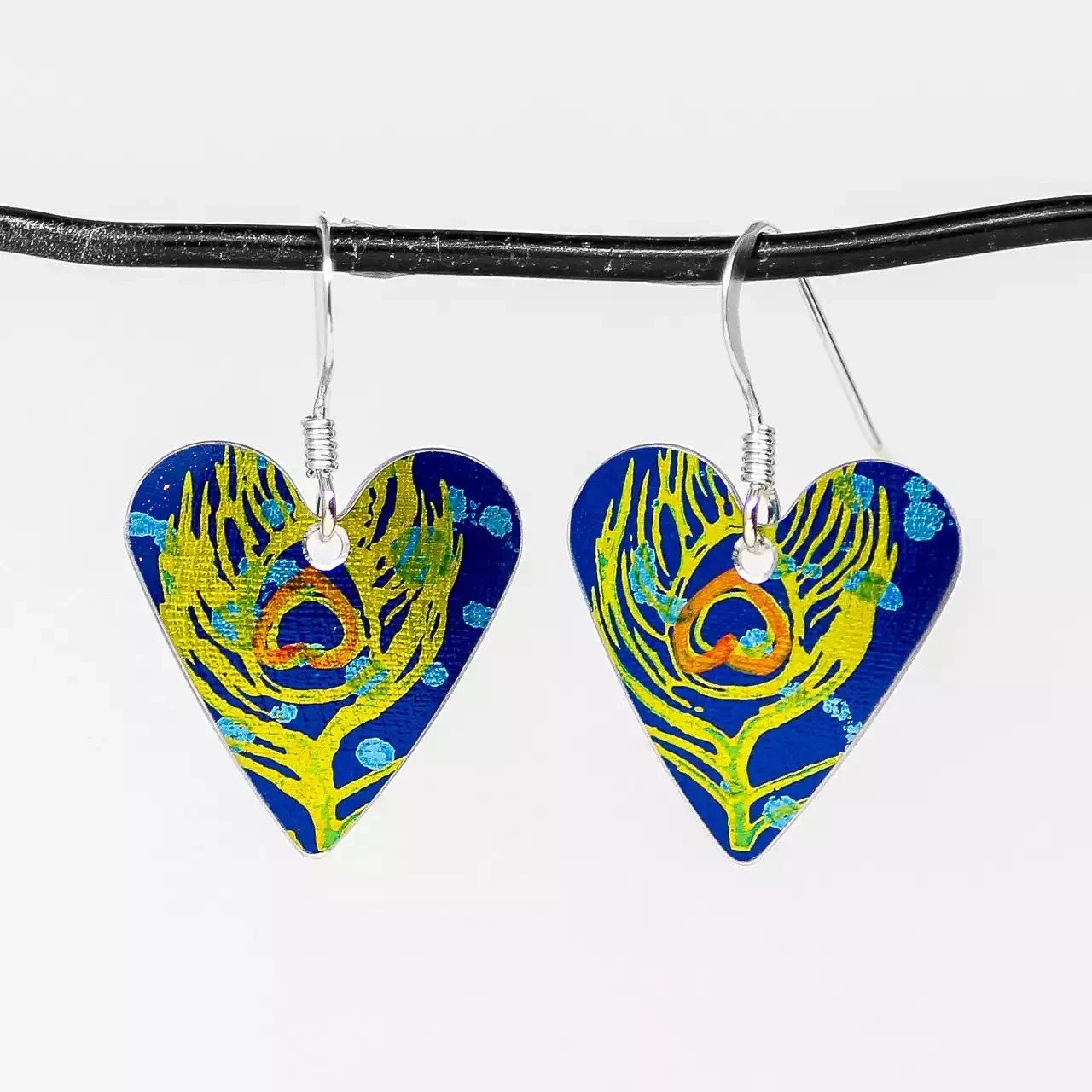 Peacock Heart Drop Earrings by Hazel Atkinson