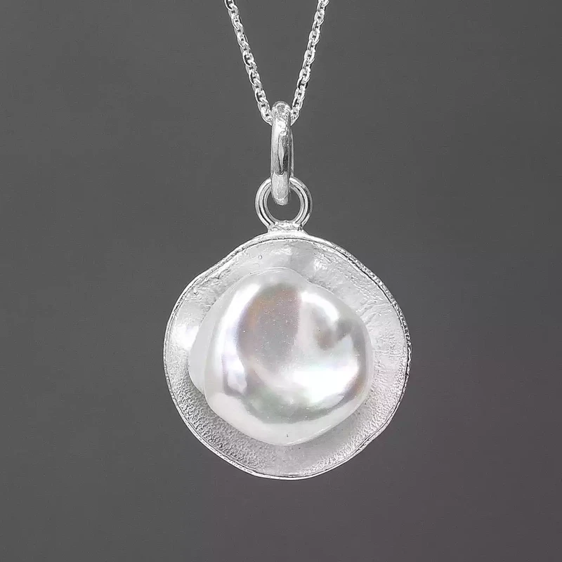 Pearl and Concave Silver Pendant - White, Medium by Fi Mehra
