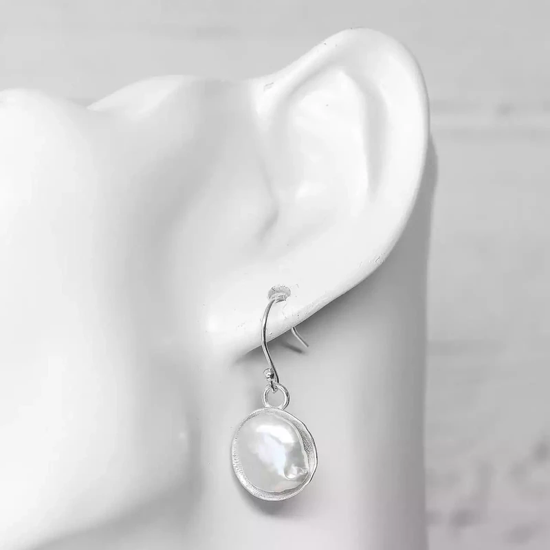 Pearl and Concave Silver Drop Earrings - White, Medium by Fi Mehra