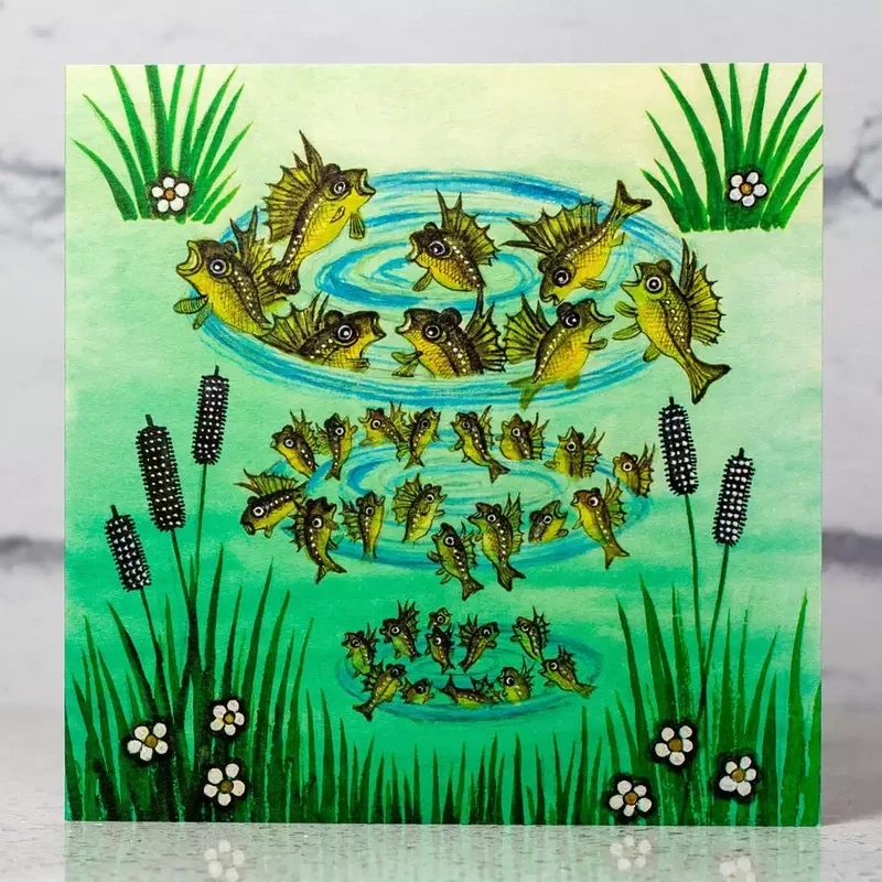 Perch Fish Family in a Pond Card by Kapelki Art