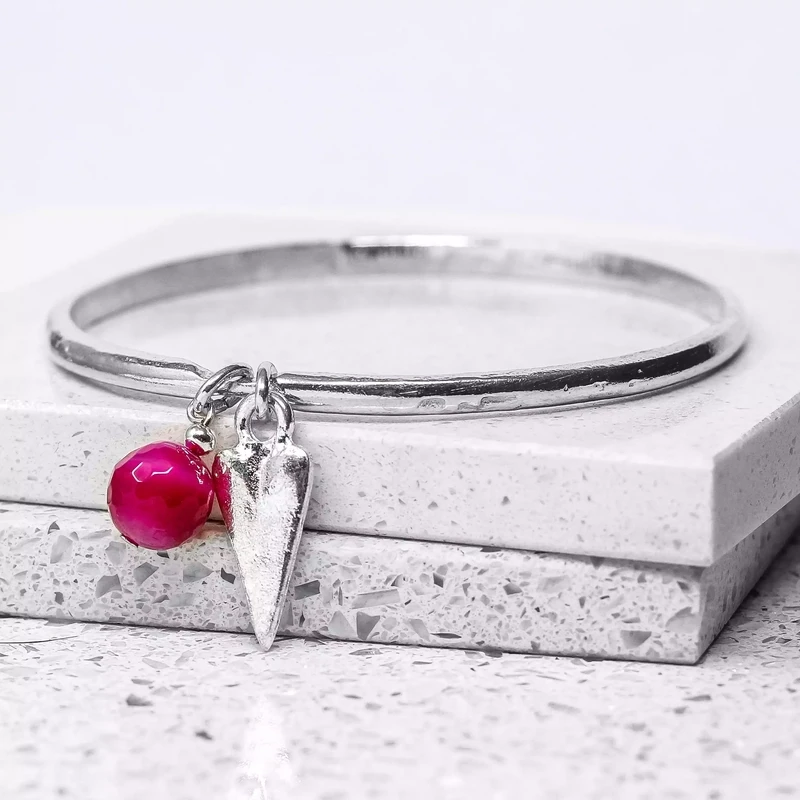 Pewter Bangle With Long Heart and Fuschia Bead Charms by Metal Planet