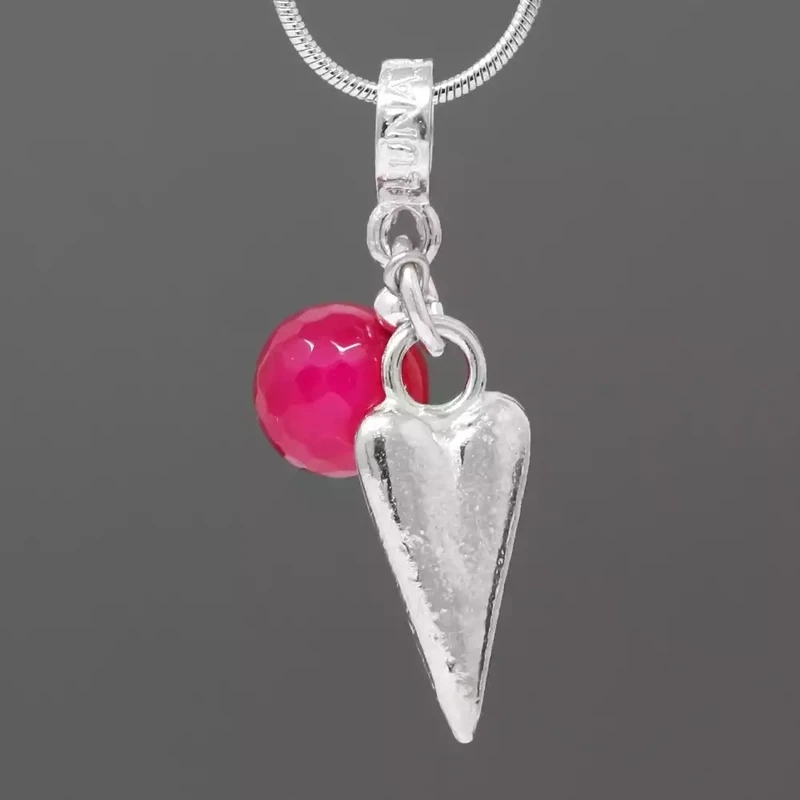 Pewter Charm Necklace - Long Heart and Fuschia Bead by Metal Planet