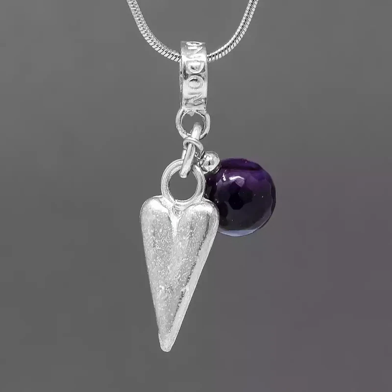 Pewter Charm Necklace - Long Heart and Deep Purple Bead by Metal Planet