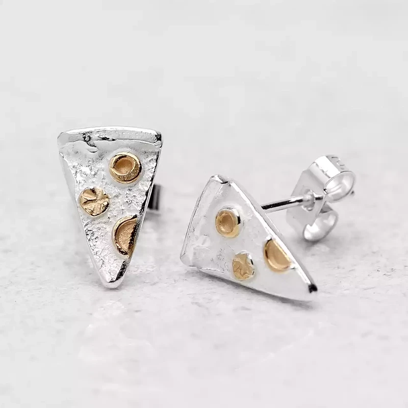 Pizza Slice Silver and Gold Stud Earrings by Fi Mehra