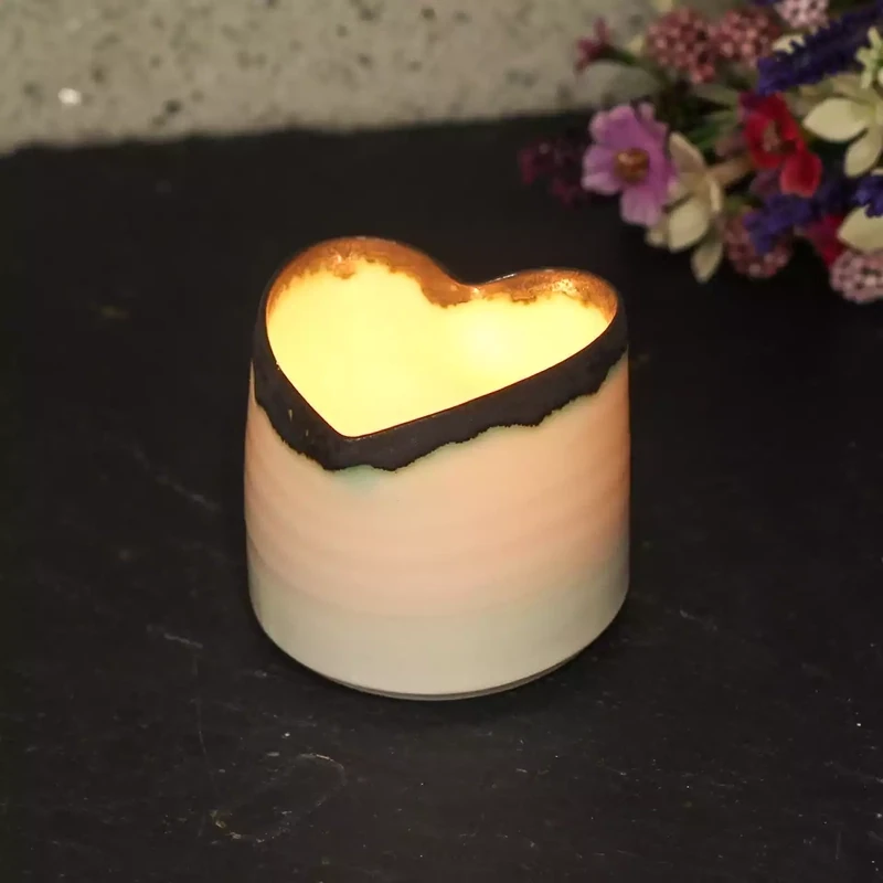 Porcelain Heart Tealight Holder - Small - Cream With Blackened Rim by Mary Howard-george