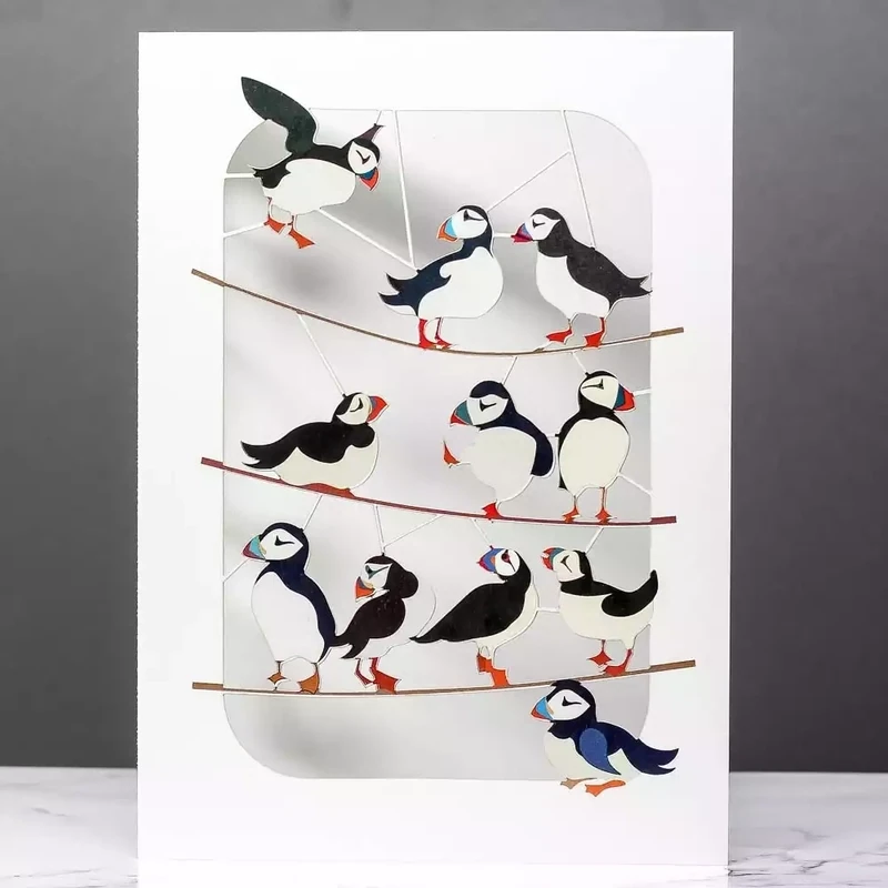 Pretty Puffins Laser-cut Card by Ge Feng