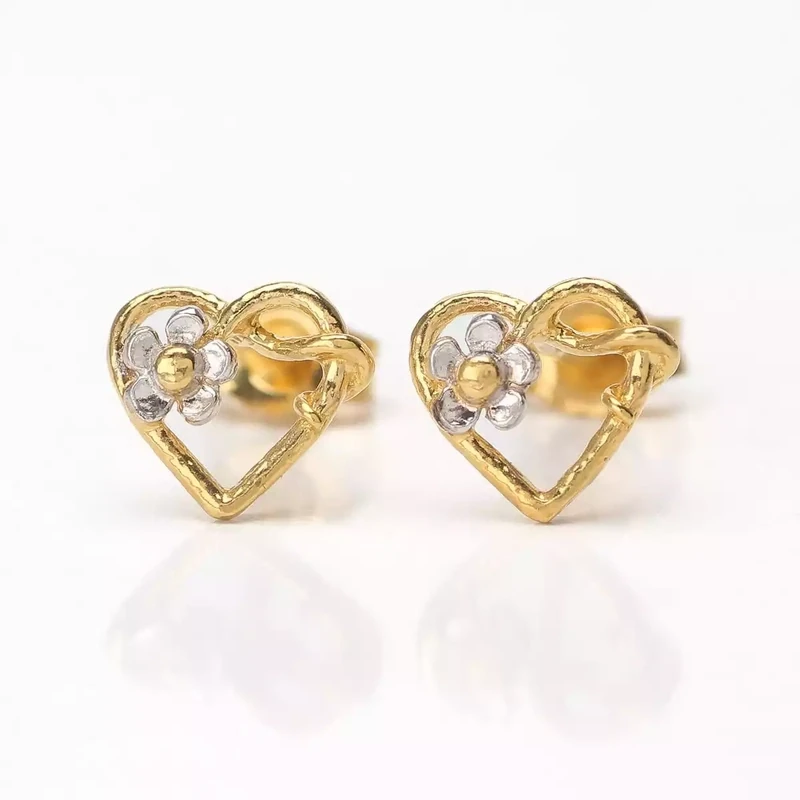 Posy Heart Stud Earrings - Silver and Gold Plate by Alex Monroe