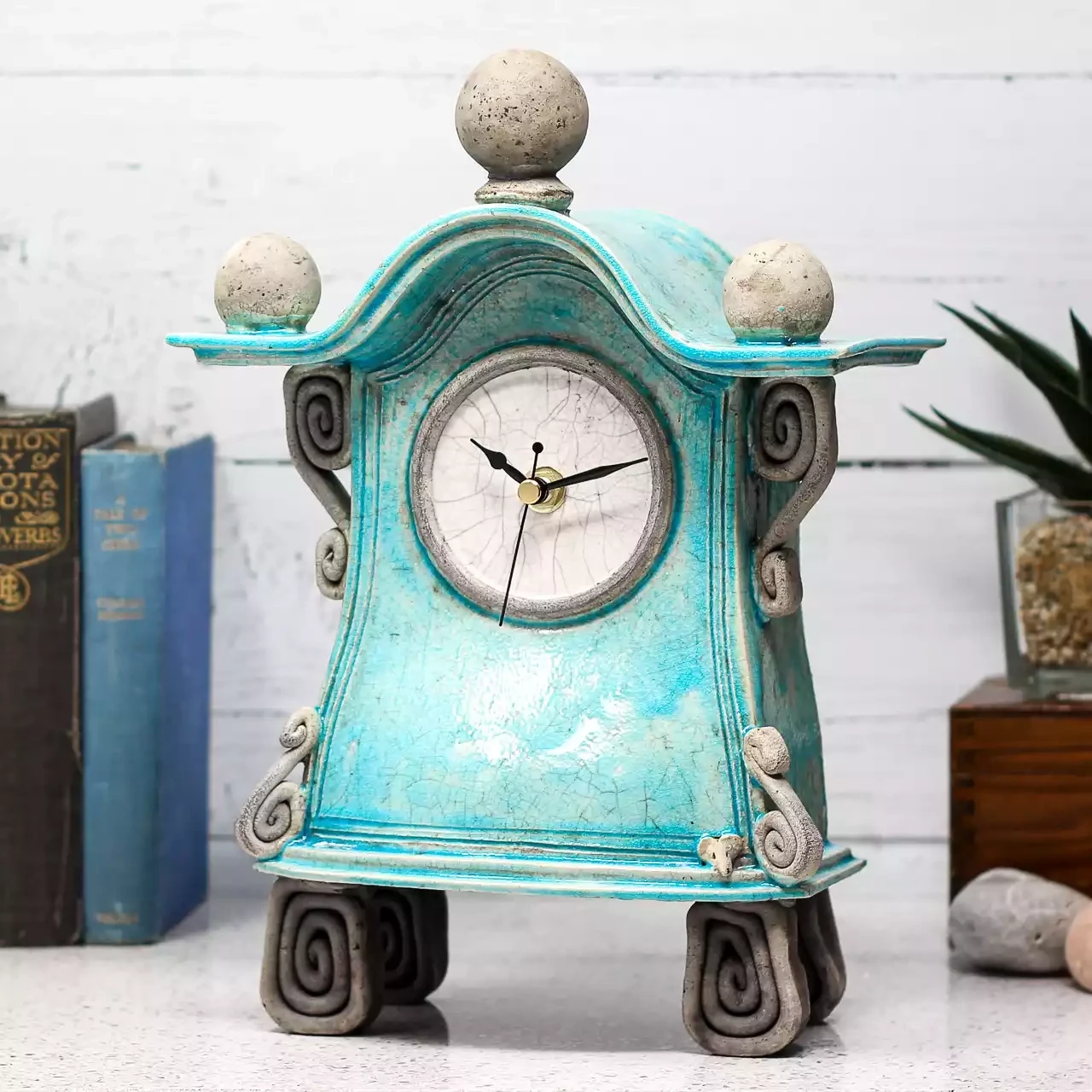 quirky ceramic mantel clock - medium type B - light blue by ian roberts