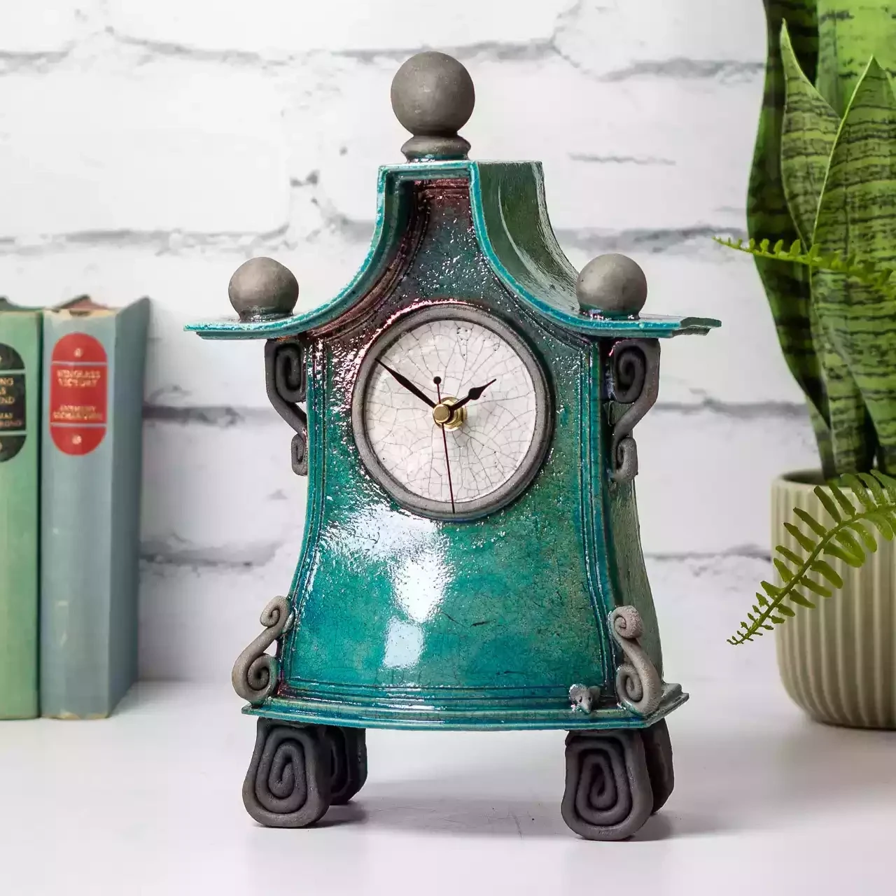 Quirky Ceramic Mantel Clock Medium Turquoise And Copper by Ian Roberts