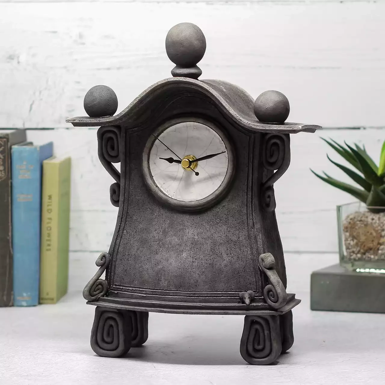 quirky ceramic mantel clock - medium - charcoal by ian roberts MBB