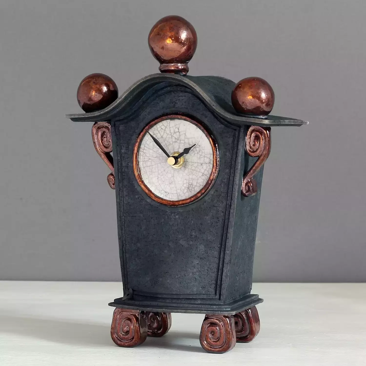 quirky ceramic mantel clock - medium - charcoal with copper by ian roberts MBBCN