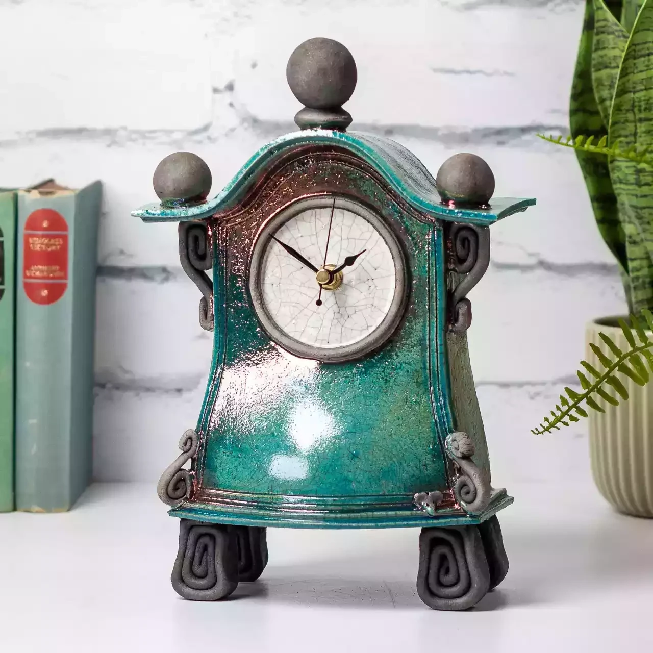 Quirky Ceramic Mantel Clock - Medium - Turquoise by Ian Roberts MBT