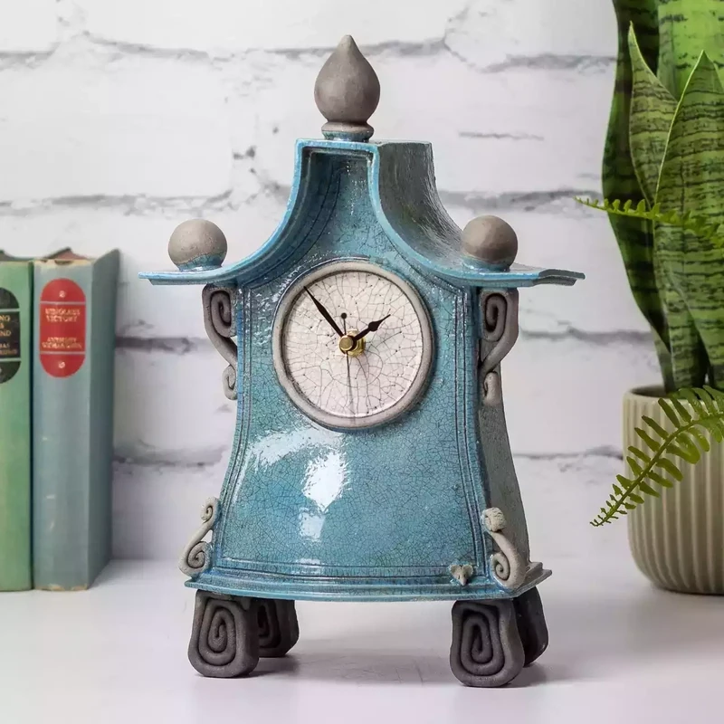 Quirky Ceramic Mantel Clock Medium Type A Light Blue by Ian Roberts