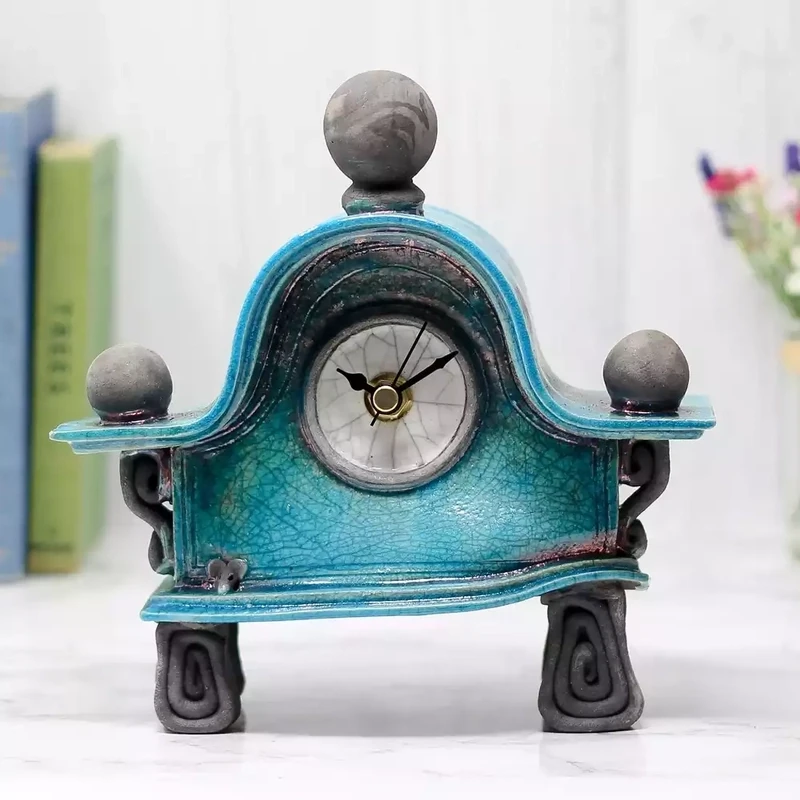 quirky ceramic mantel clock - small C wavy - turquoise by ian roberts