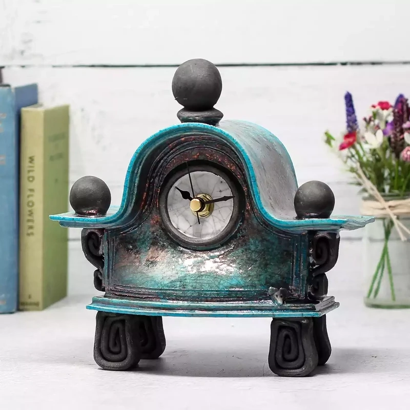 quirky ceramic mantel clock - small D - turquoise by ian roberts