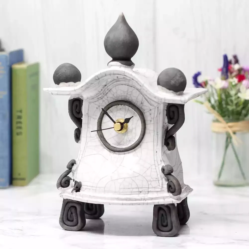 quirky ceramic mantel clock small type B pointy white by ian roberts