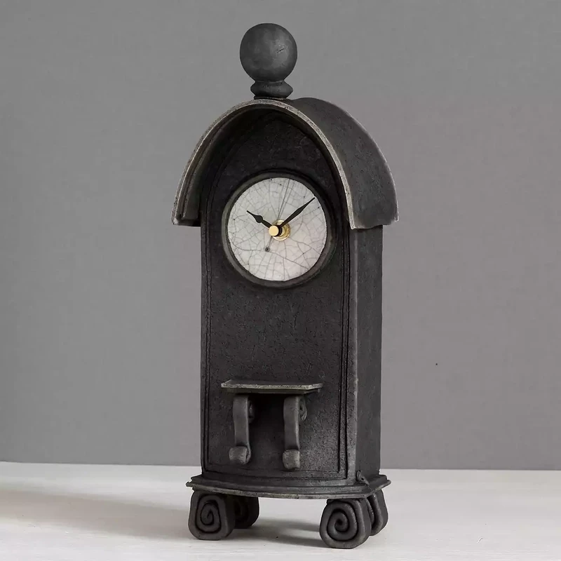 quirky ceramic mantel clock with shelf tall charcoal by ian roberts