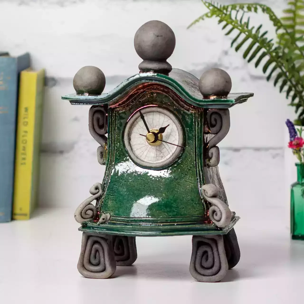 Quirky Ceramic Mantel Clock - Small - Emerald Green by Ian Roberts