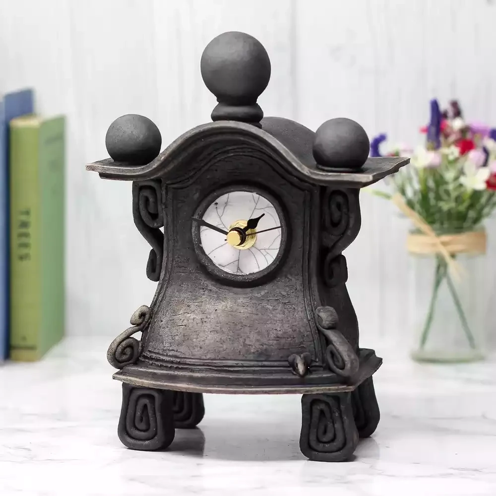 quirky ceramic mantel clock - small type B - charcoal by ian roberts