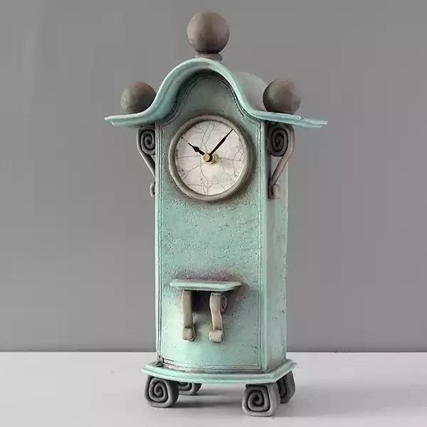 quirky ceramic mantel clock with shelf - tall - light blue by ian roberts TBLBS