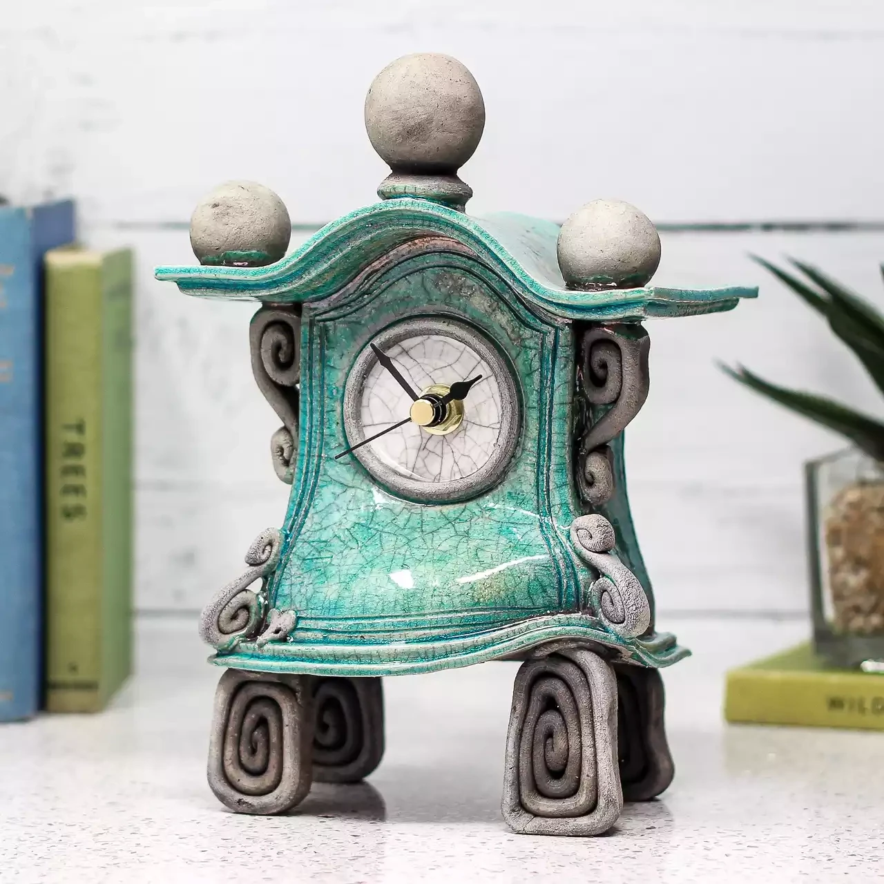 quirky ceramic mantel clock - small type B wavy - turquoise by ian roberts