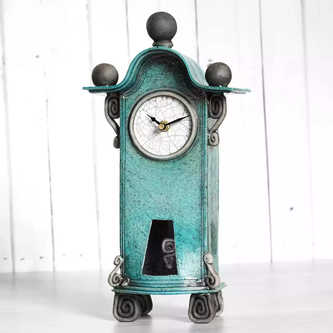 quirky ceramic mantel clock with pendulum - tall - turquoise by ian roberts