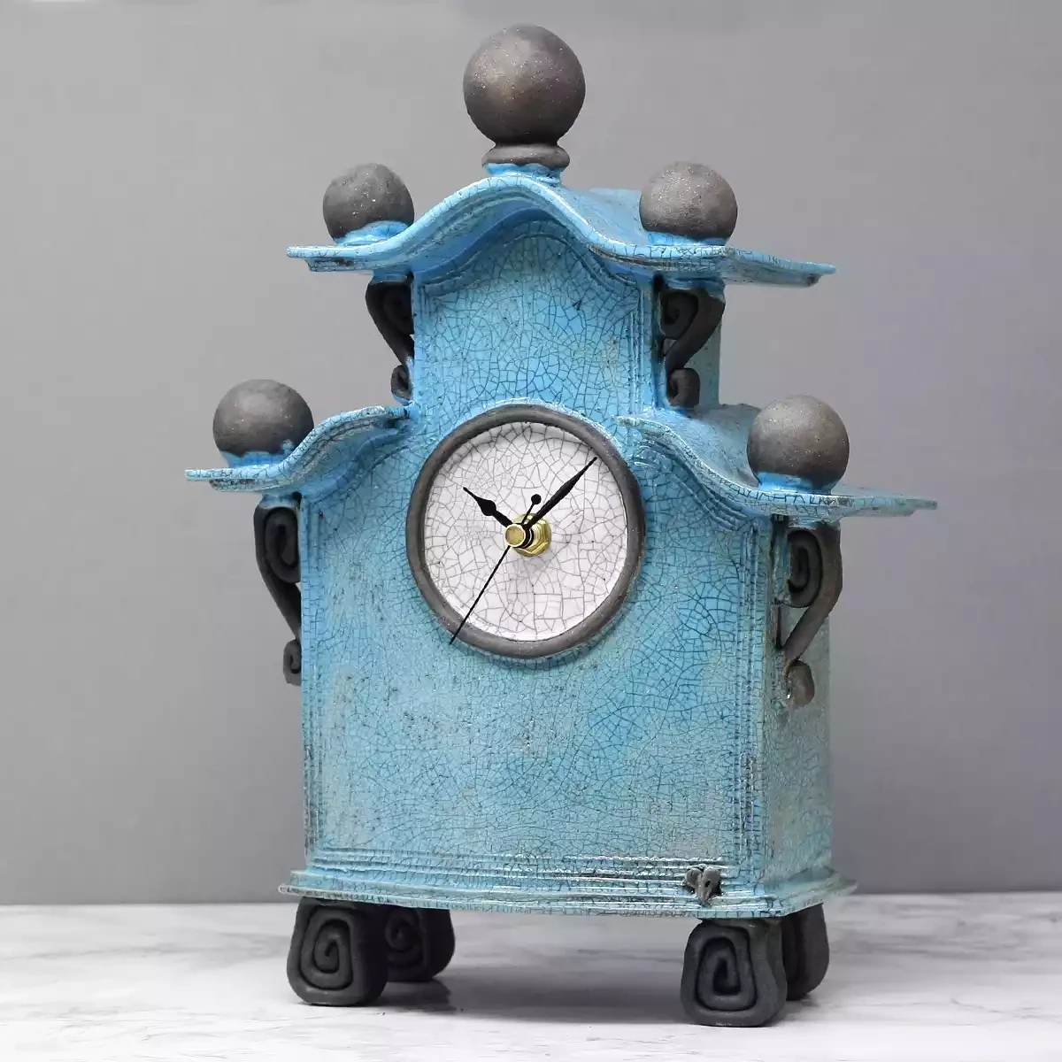 quirky ceramic twotier mantel clock medium aqua blue by ian roberts