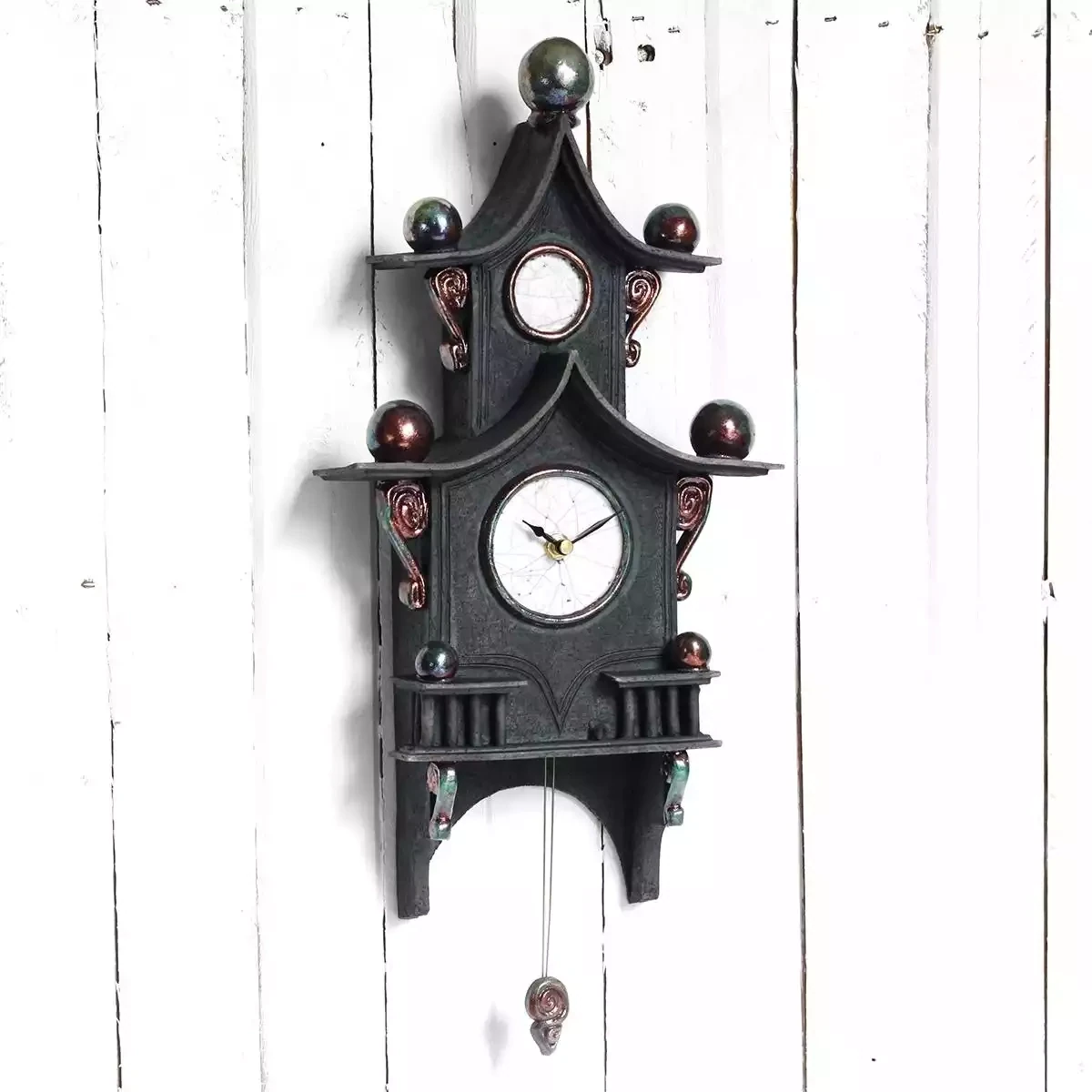 quirky ceramic two-tier pendulum wall clock - charcoal with copper by ian roberts