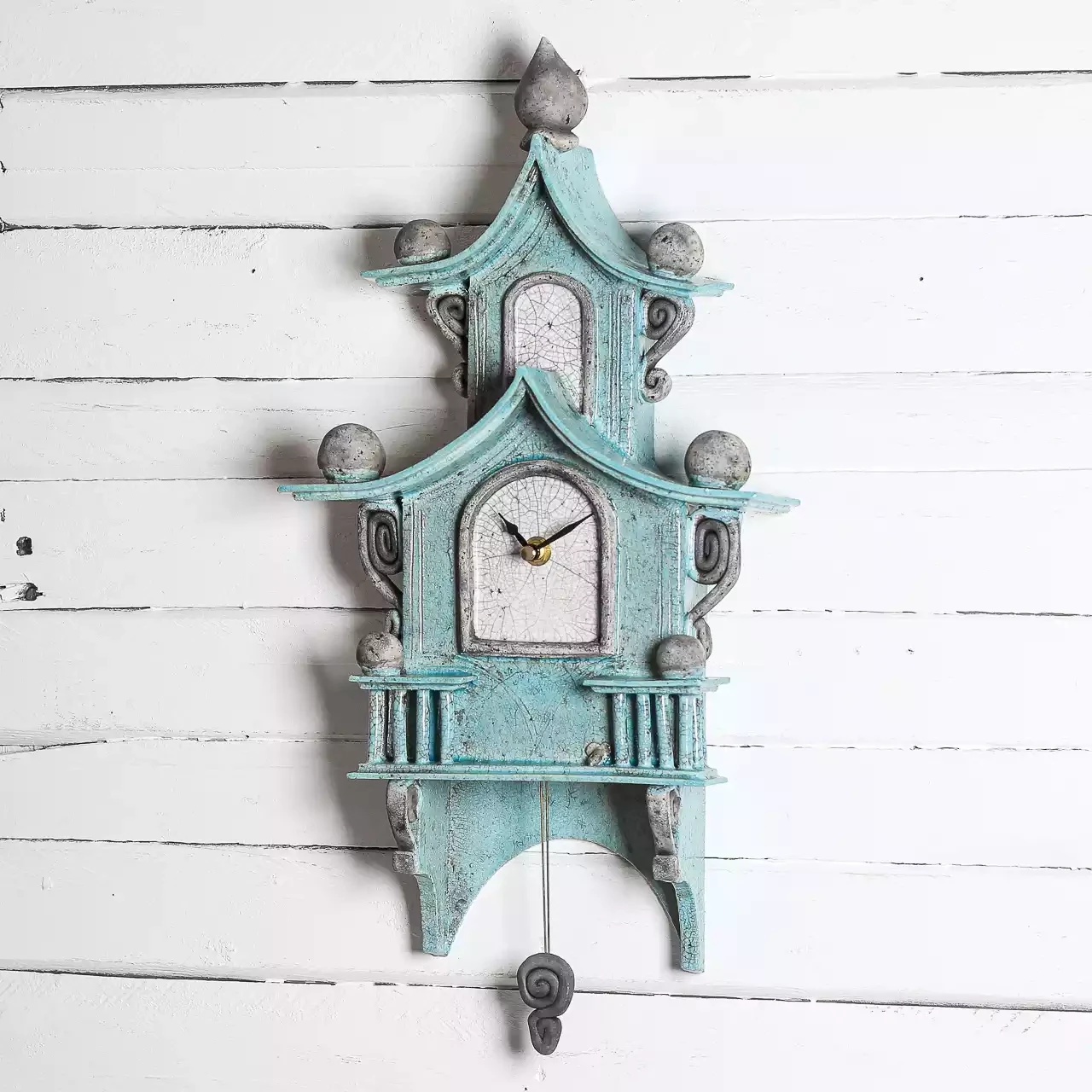 quirky ceramic two-tier pendulum wall clock - light blue by ian roberts