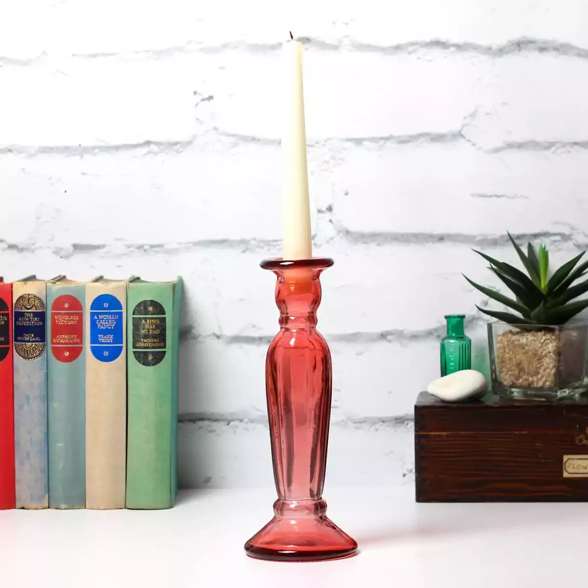 Recycled Glass Candlestick - 22cm - Pink by Jarapa