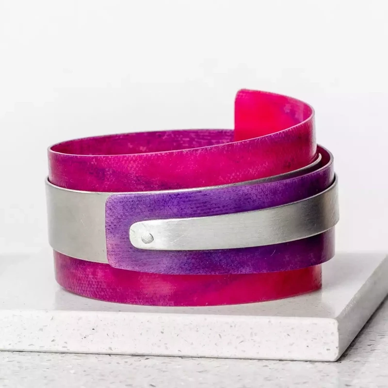 Recycled Plastic Cuff Bracelet Pink and Purple Aluminium by Anna Roebuck